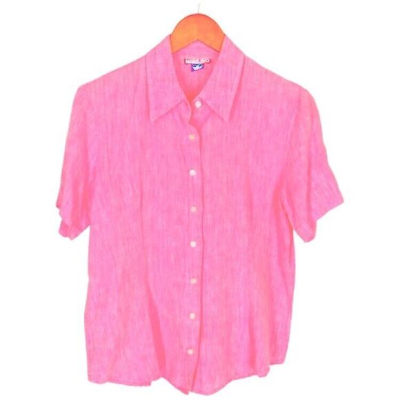 Lands End Linen Shirt 12 Pink Button Front Top Fitted Cool Summer Y2K 90s - Picture 2 of 6